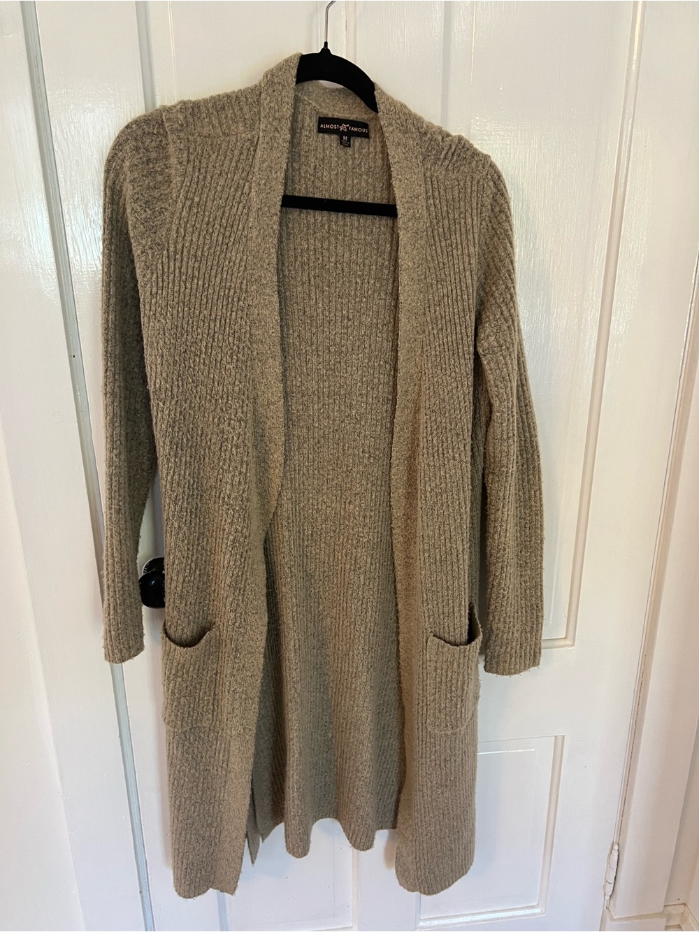 Almost Famous Taupe Open-Front Ribbed Long Cardigan